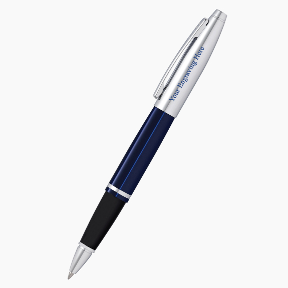 Engraved Cross Calais chrome and blue lacquer rollerball pen with custom personalization