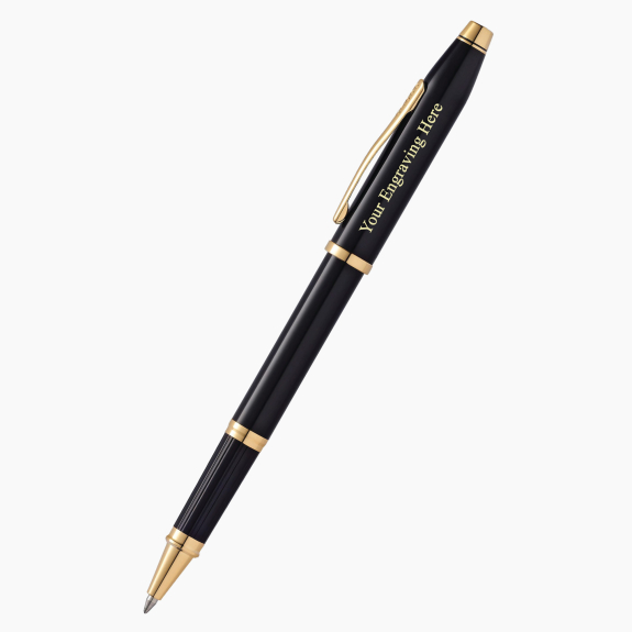 Engraved Cross Century II black lacquer gold plated rollerball pen with custom personalization