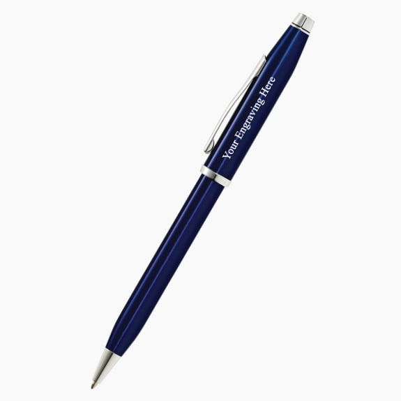 Engraved Cross Century II blue lacquer chrome ballpoint pen with custom personalization