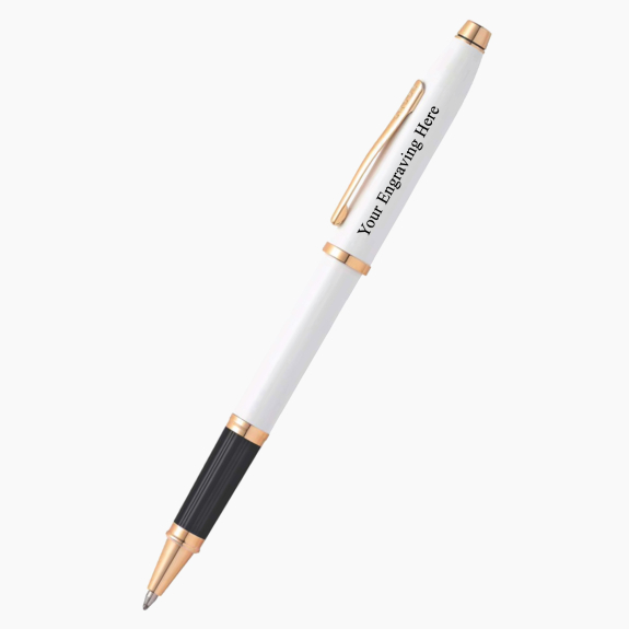 Engraved Cross Century II pearlescent white lacquer with polished rose gold rollerball pen with custom personalization