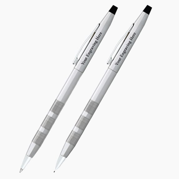 Engraved Cross Classic Century satin chrome ballpoint pen and pencil set with custom personalization