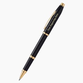 Engraved Cross Century II black lacquer gold plated rollerball pen with custom personalization